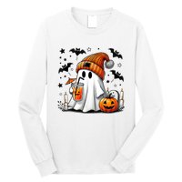 Cute Ghost Drinking Coffee Halloween Ghost Coffee Long Sleeve Shirt