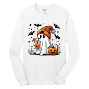 Cute Ghost Drinking Coffee Halloween Ghost Coffee Tall Long Sleeve T-Shirt