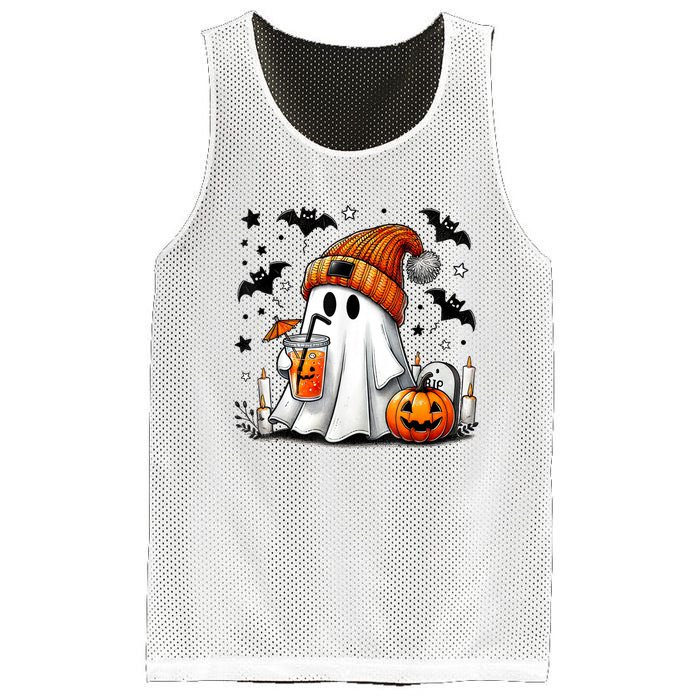 Cute Ghost Drinking Coffee Halloween Ghost Coffee Mesh Reversible Basketball Jersey Tank