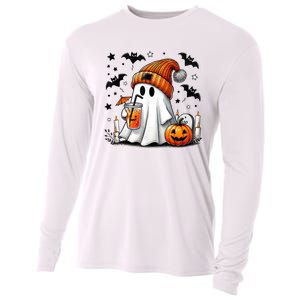 Cute Ghost Drinking Coffee Halloween Ghost Coffee Cooling Performance Long Sleeve Crew