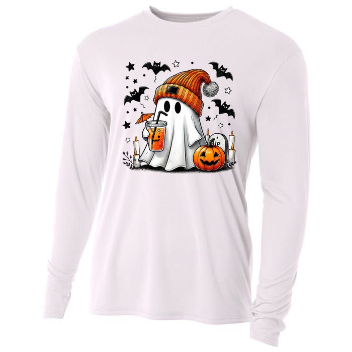 Cute Ghost Drinking Coffee Halloween Ghost Coffee Cooling Performance Long Sleeve Crew