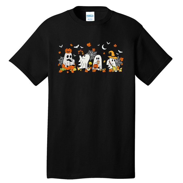 Cute Ghost Drinking Coffee Halloween Fall Ghost Book Reading Tall T-Shirt