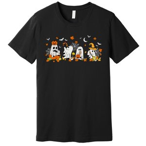 Cute Ghost Drinking Coffee Halloween Fall Ghost Book Reading Premium T-Shirt