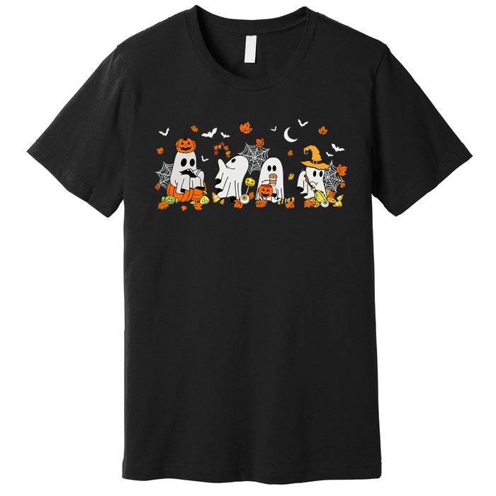 Cute Ghost Drinking Coffee Halloween Fall Ghost Book Reading Premium T-Shirt