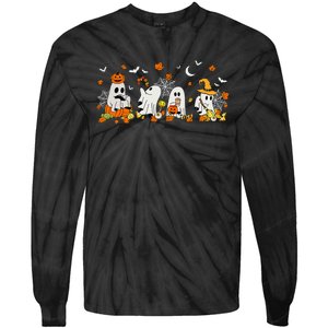 Cute Ghost Drinking Coffee Halloween Fall Ghost Book Reading Tie-Dye Long Sleeve Shirt