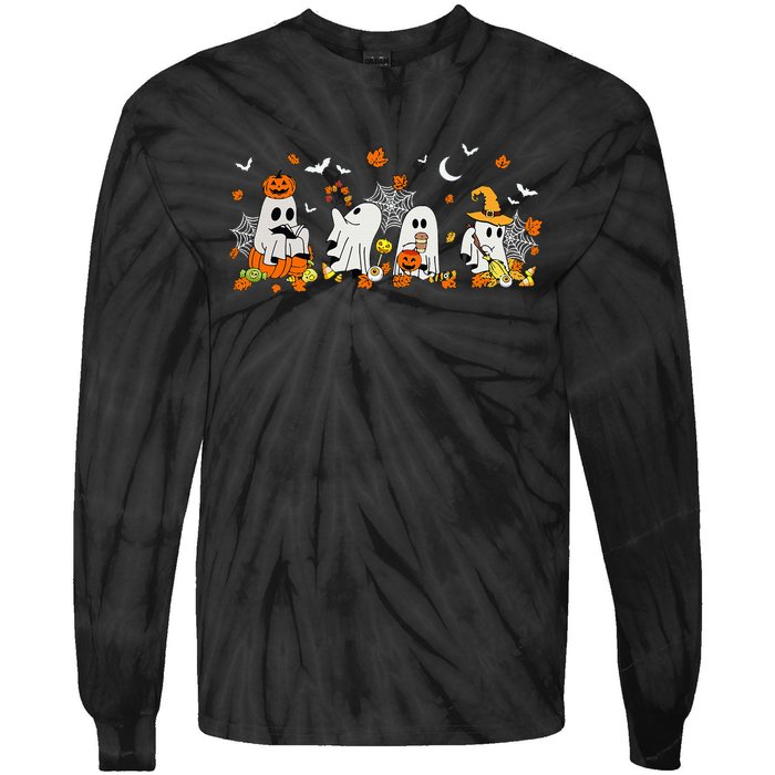 Cute Ghost Drinking Coffee Halloween Fall Ghost Book Reading Tie-Dye Long Sleeve Shirt