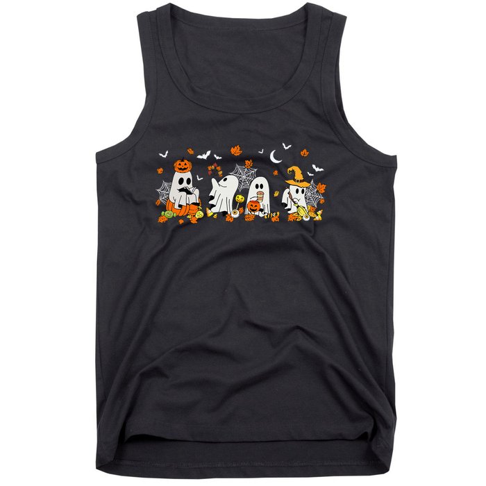 Cute Ghost Drinking Coffee Halloween Fall Ghost Book Reading Tank Top