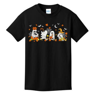 Cute Ghost Drinking Coffee Halloween Fall Ghost Book Reading Kids T-Shirt