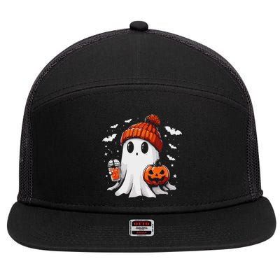 Cute Ghost Drinking Coffee Halloween Ghost Coffee Apparel 7 Panel Mesh Trucker Snapback Hat