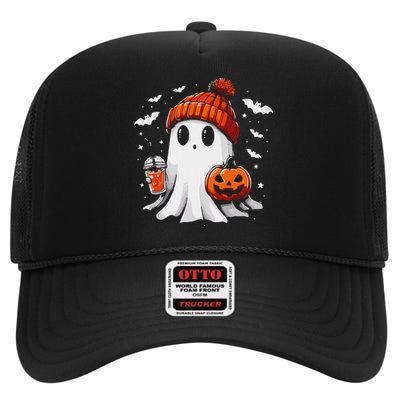 Cute Ghost Drinking Coffee Halloween Ghost Coffee Apparel High Crown Mesh Back Trucker Hat