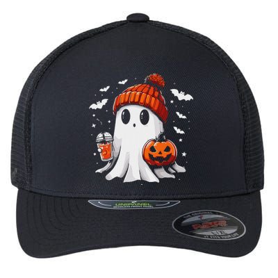 Cute Ghost Drinking Coffee Halloween Ghost Coffee Apparel Flexfit Unipanel Trucker Cap