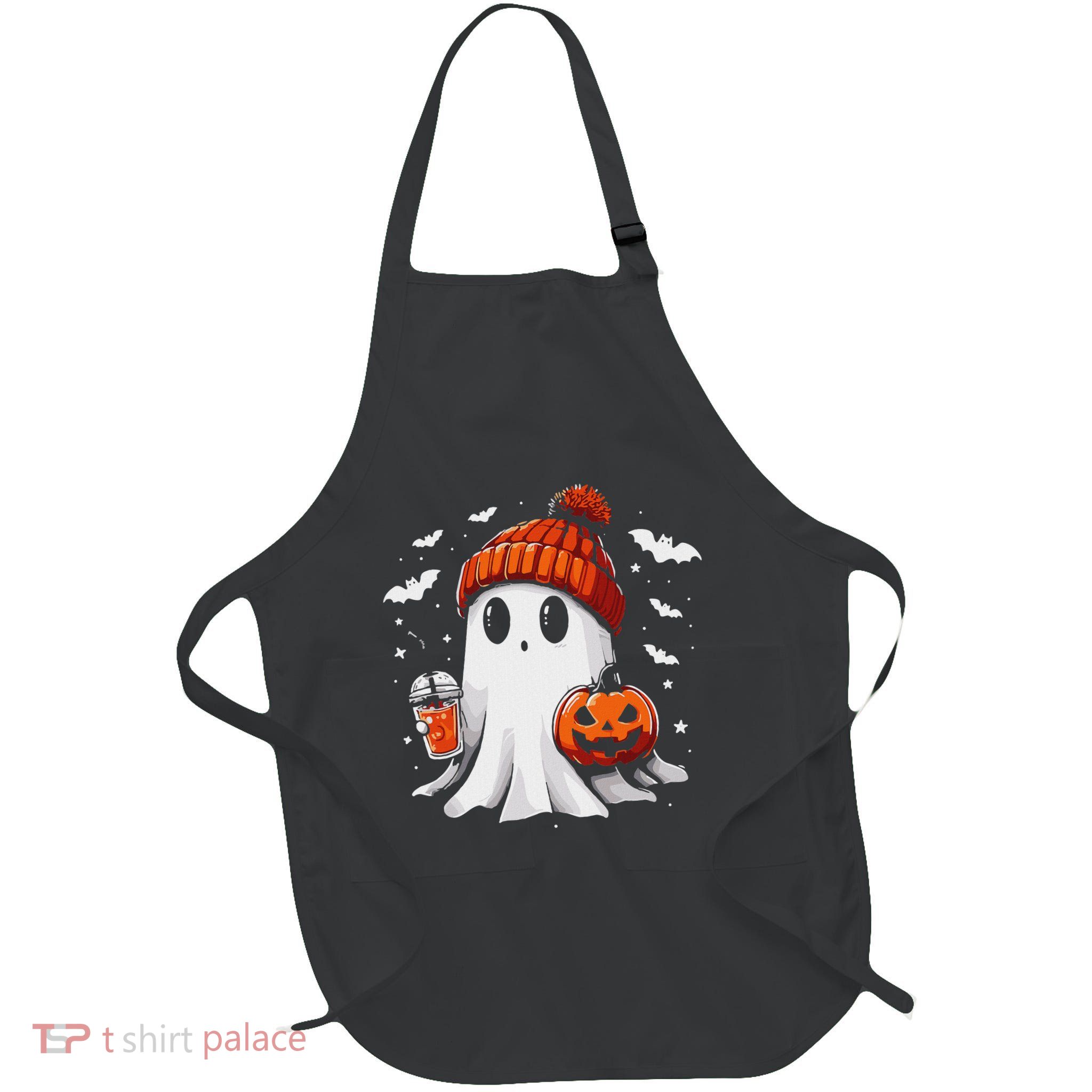 Cute Ghost Drinking Coffee Halloween Ghost Coffee Apparel Full-Length Apron With Pockets
