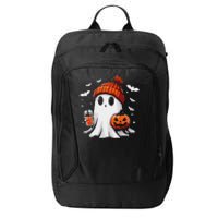 Cute Ghost Drinking Coffee Halloween Ghost Coffee Apparel City Backpack