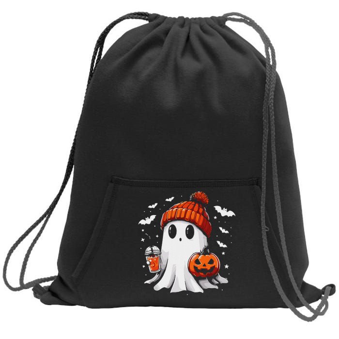 Cute Ghost Drinking Coffee Halloween Ghost Coffee Apparel Sweatshirt Cinch Pack Bag