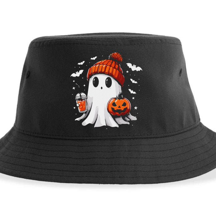 Cute Ghost Drinking Coffee Halloween Ghost Coffee Apparel Sustainable Bucket Hat