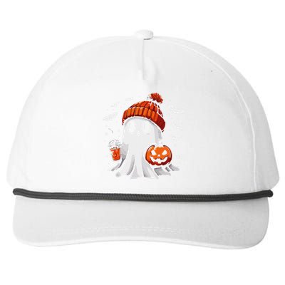 Cute Ghost Drinking Coffee Halloween Ghost Coffee Apparel Snapback Five-Panel Rope Hat