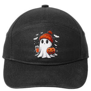 Cute Ghost Drinking Coffee Halloween Ghost Coffee Apparel 7-Panel Snapback Hat