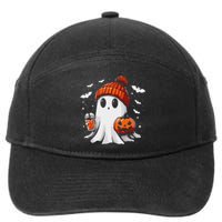 Cute Ghost Drinking Coffee Halloween Ghost Coffee Apparel 7-Panel Snapback Hat