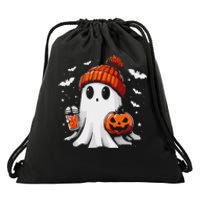 Cute Ghost Drinking Coffee Halloween Ghost Coffee Apparel Drawstring Bag