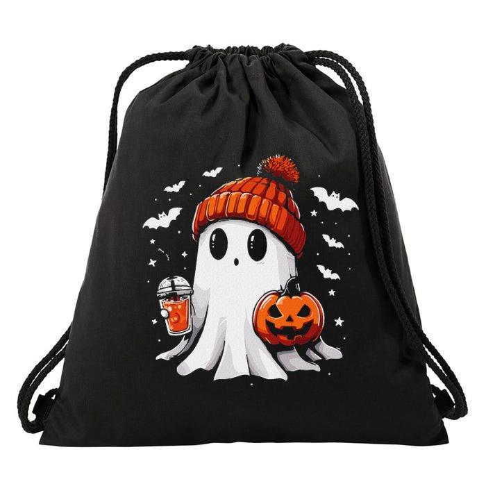 Cute Ghost Drinking Coffee Halloween Ghost Coffee Apparel Drawstring Bag