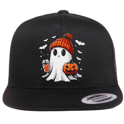 Cute Ghost Drinking Coffee Halloween Ghost Coffee Apparel Flat Bill Trucker Hat