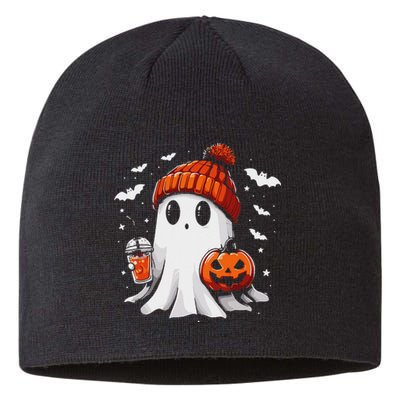 Cute Ghost Drinking Coffee Halloween Ghost Coffee Apparel Sustainable Beanie