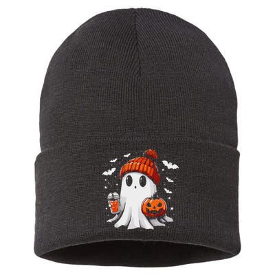 Cute Ghost Drinking Coffee Halloween Ghost Coffee Apparel Sustainable Knit Beanie