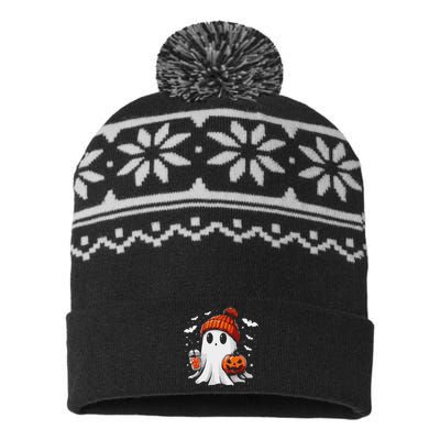 Cute Ghost Drinking Coffee Halloween Ghost Coffee Apparel USA-Made Snowflake Beanie