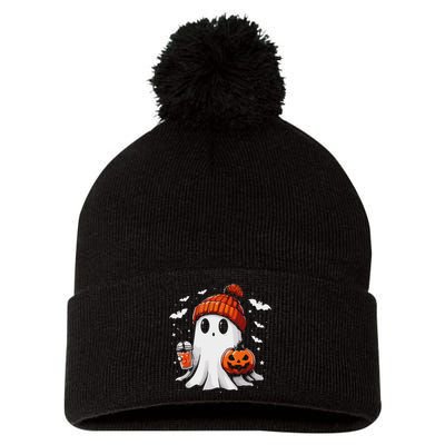 Cute Ghost Drinking Coffee Halloween Ghost Coffee Apparel Pom Pom 12in Knit Beanie