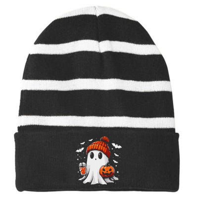 Cute Ghost Drinking Coffee Halloween Ghost Coffee Apparel Striped Beanie with Solid Band