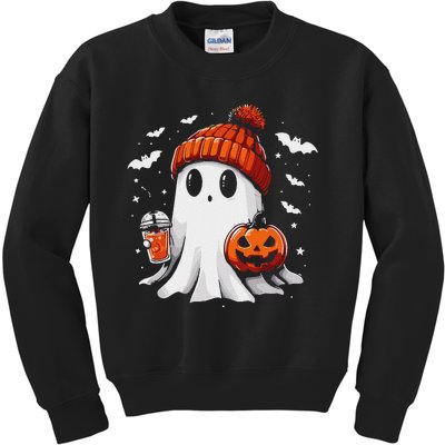 Cute Ghost Drinking Coffee Halloween Ghost Coffee Apparel Kids Sweatshirt