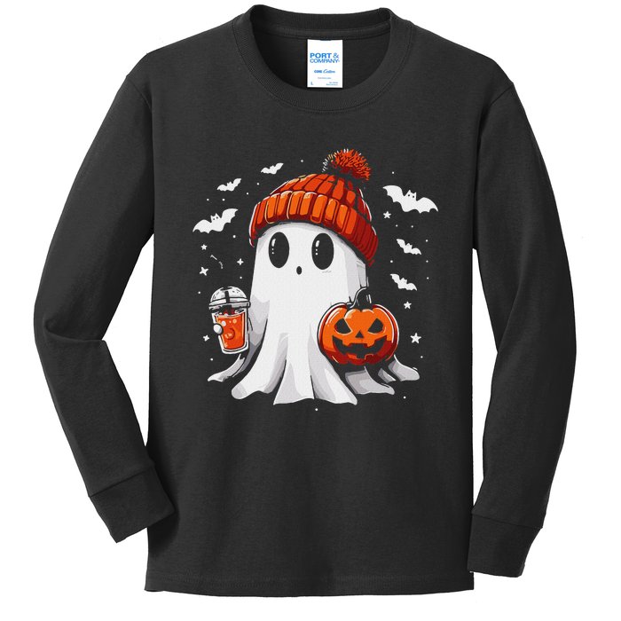 Cute Ghost Drinking Coffee Halloween Ghost Coffee Apparel Kids Long Sleeve Shirt