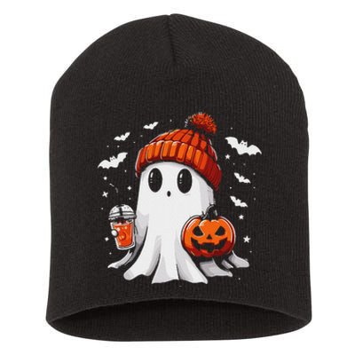 Cute Ghost Drinking Coffee Halloween Ghost Coffee Apparel Short Acrylic Beanie