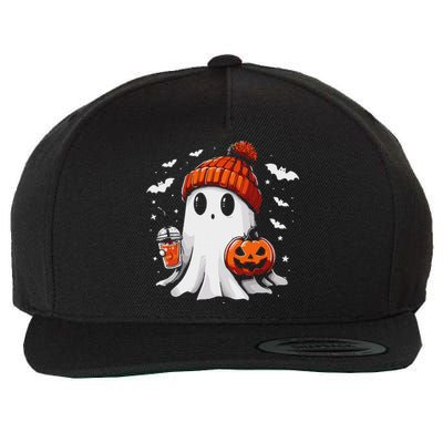 Cute Ghost Drinking Coffee Halloween Ghost Coffee Apparel Wool Snapback Cap