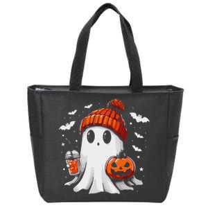 Cute Ghost Drinking Coffee Halloween Ghost Coffee Apparel Zip Tote Bag