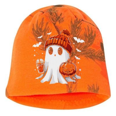 Cute Ghost Drinking Coffee Halloween Ghost Coffee Apparel Kati - Camo Knit Beanie