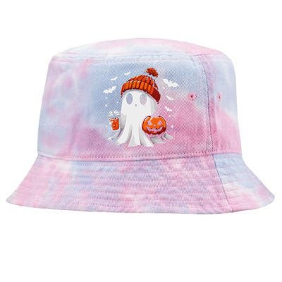 Cute Ghost Drinking Coffee Halloween Ghost Coffee Apparel Tie-Dyed Bucket Hat