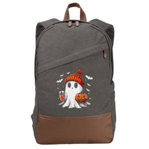 Cute Ghost Drinking Coffee Halloween Ghost Coffee Apparel Cotton Canvas Backpack