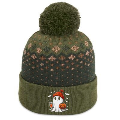 Cute Ghost Drinking Coffee Halloween Ghost Coffee Apparel The Baniff Cuffed Pom Beanie