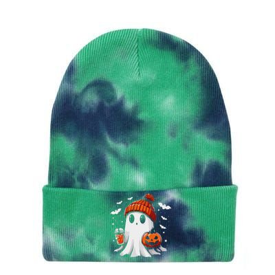 Cute Ghost Drinking Coffee Halloween Ghost Coffee Apparel Tie Dye 12in Knit Beanie