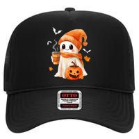 Cute Ghost Drinking Coffee Halloween Ghost Ice Coffee High Crown Mesh Back Trucker Hat