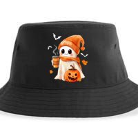 Cute Ghost Drinking Coffee Halloween Ghost Ice Coffee Sustainable Bucket Hat