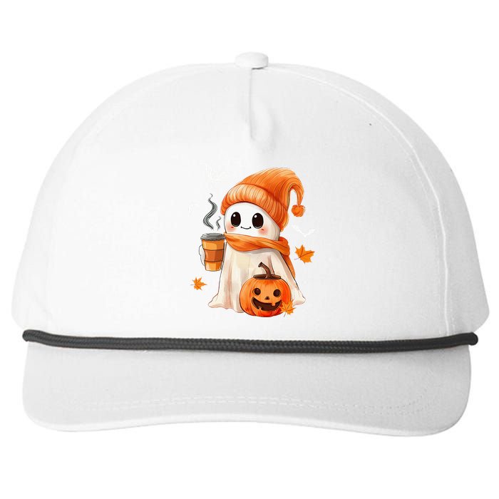 Cute Ghost Drinking Coffee Halloween Ghost Ice Coffee Snapback Five-Panel Rope Hat