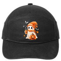 Cute Ghost Drinking Coffee Halloween Ghost Ice Coffee 7-Panel Snapback Hat