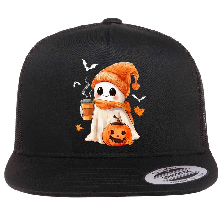 Cute Ghost Drinking Coffee Halloween Ghost Ice Coffee Flat Bill Trucker Hat