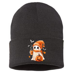 Cute Ghost Drinking Coffee Halloween Ghost Ice Coffee Sustainable Knit Beanie