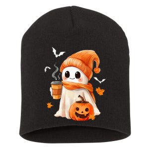 Cute Ghost Drinking Coffee Halloween Ghost Ice Coffee Short Acrylic Beanie