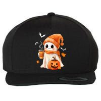 Cute Ghost Drinking Coffee Halloween Ghost Ice Coffee Wool Snapback Cap