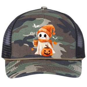 Cute Ghost Drinking Coffee Halloween Ghost Ice Coffee Retro Rope Trucker Hat Cap