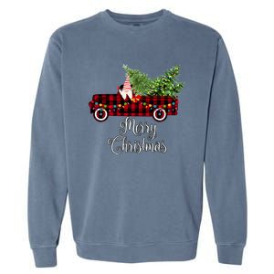 Christmas Gnome Driving Red Buffalo Plaid Christmas Truck Great Gift Garment-Dyed Sweatshirt